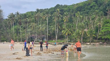 Koh Kood, Tayland, 13 Mart 2025, çöp ve plastik şişelerden adanın plajlarını temizleyen turistler