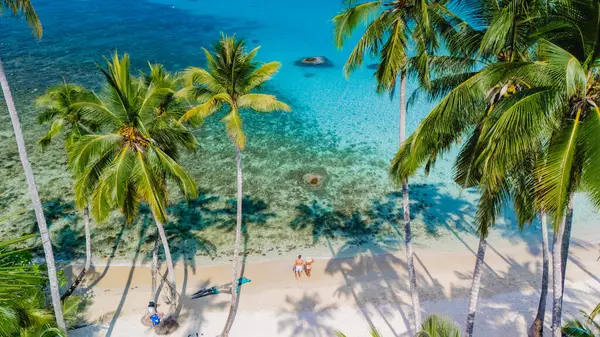 Bir hava fotoğrafında Tayland 'ın Koh Kood Adası' ndaki el değmemiş bir plajın güzelliği, yüksek palmiye ağaçları ve dinginlik ve huzur için ideal turkuaz sularla gözler önüne seriliyor.
