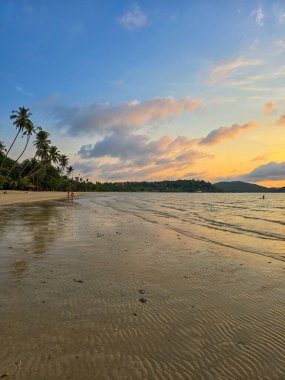 Altın rengi günbatımı, yumuşak tropikal palmiyelerle çevrili Koh Mak sahilinin sakin sularını ve yumuşak kumlarını aydınlatır. Ziyaretçiler, Tayland cennetinde anılar yaratarak huzurlu atmosferin tadını çıkarıyorlar.