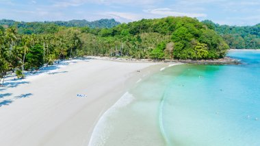 Koh Kood Adası 'ndaki geniş kumlu plaj güneşin altında dinlenmeye davet ediyor. Kristal berrak sular, palmiye ağaçları arasında titreyerek Tayland 'ın güzelliğini arayan ziyaretçiler için huzurlu bir cennet yaratıyor.