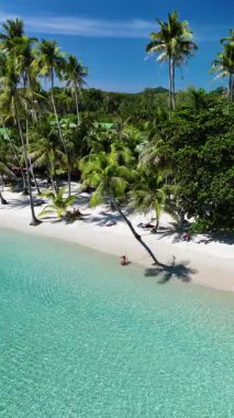Koh Kood Tayland 'daki Idyllic plajında turkuaz sular ve gür palmiye ağaçları sergileniyor. Güneş banyosu yapanlar, berrak mavi gökyüzünün altında sakin bir atmosfer ve resim gibi bir çevreye sahiptir..
