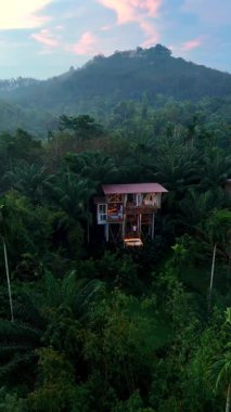 Tayland 'ın vahşi doğasında canlı yeşilliklerle çevrili nefes kesici bir ağaç evi keşfedin. Alacakaranlık büyüsü tropikal manzarayı güçlendirir ve sakin maceralara davetiye çıkarır..