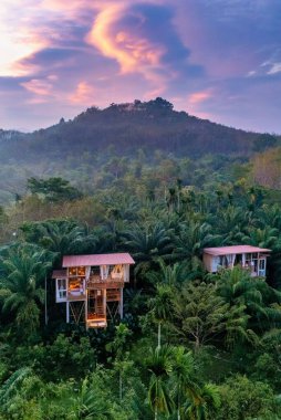 Etrafı yemyeşil palmiye ağaçları ve tepelerle çevrili iki sakin ağaç evi Tayland veya Bali 'de sakin bir kaçış sunuyor. Günbatımı yumuşak renkler saçarken, misafirler bu doğa dolu cennette rahatlayabilirler..