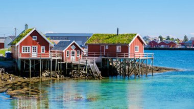 Kalelerin üzerine tünemiş renkli ahşap kulübeler Lofoten Reine Norveç 'in sakin kıyı şeridi boyunca manzaralı bir manzara yaratır. Canlı mimari, berrak mavi sularla güzel bir tezat oluşturuyor.