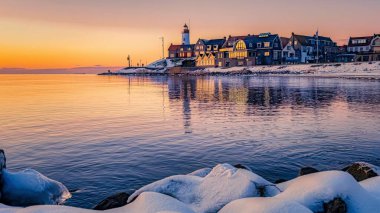 Hollanda 'nın büyüleyici Urk kasabasında sakin bir kış akşamı kıyı şeridi boyunca renkli binalar sergileniyor. Yumuşak pastel renkler deniz fenerinin yanında güneş batarken sakin suları yansıtır.