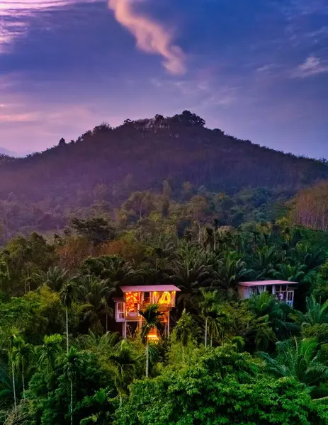 Canlı yeşilliklerin içine yerleşmiş dingin kulübe alacakaranlık görkemli dağları örterken yavaşça aydınlanıyor. Huzurlu bir ağaç ev, bozulmamış doğanın ortasında rahatlamaya davet eder..
