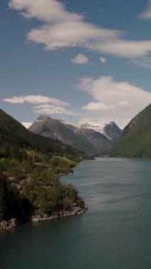 Norveç 'te yemyeşil yemyeşil ve açık mavi gökyüzünün altında yükselen karlı zirvelerle çevrili sakin bir fiyordun nefes kesici manzarası. Norveç 'teki Fjaerland Vestland