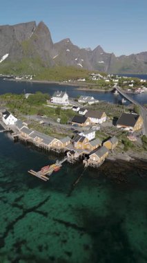 Lofoten Norveç 'te canlı yeşil manzaralar ve görkemli dağlarla çevrili pitoresk bir kıyı köyü keşfedin..