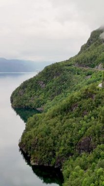 Yeşil yemyeşil tepeler Norveç 'in sakin sularının yanında fiyort bölgesini sersemletiyor. Lovrafjorden, Norveç