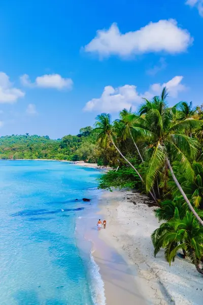 İki kişi, bereketli palmiye ağaçları ve parlak bir gökyüzü altında Koh Kood Tayland 'da canlı mavi okyanus dalgalarıyla çevrili sakin kumlu bir sahil boyunca yürüyor.
