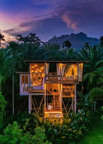 Canlı yeşilliklerle bezenmiş bu büyüleyici ağaç ev, sakin bir kaçış sunuyor. Sıcak ışıklar, doğanın ortasındaki rahat yaşam alanlarını aydınlatır. Alacakaranlık, çevreye büyülü bir ışık saçar..