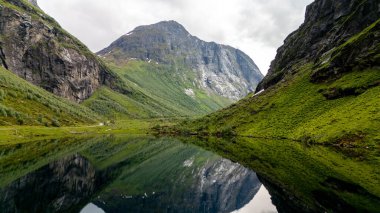 Yüksek dağlar ve sakin sularla Norveç fiyortlarının nefes kesici güzelliğini tecrübe edin. Bereketli yeşillik durgun gölü çevreleyerek, doğanın görkemli manzarasını resmediyor..