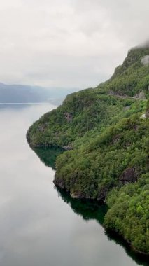 Norveç fiyordunun sakin manzarası, yükselen yeşil kayalıklar ve sakin sular. Sakin atmosfer keşfi davet ediyor, Lovrafjorden, Norveç
