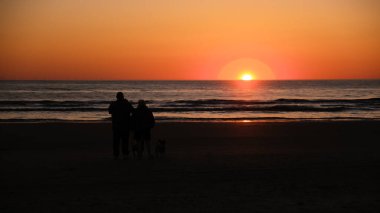 Danimarka 'da sakin bir plaj boyunca el ele yürüyen çift, çarpıcı bir günbatımı ile gökyüzünde canlı renkler döküyor ve sakin denizi yansıtıyor. Bir köpek onlara eşlik ediyor, cazibesini arttırıyor..