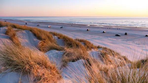 Danimarka 'da çimlerle kaplı çarpıcı kum tepelerinin bulunduğu güzel bir kıyı manzarası. Güneş sakin denizin üzerinde batarken gökyüzü yumuşak pembe ve turuncu renklere bürünür. Vejers Strand Sahili