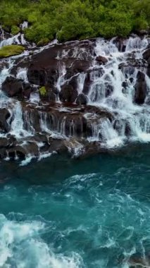 Barnafoss ve Hraunfossar 'ın çarpıcı şelalelerini keşfedin. Temiz mavi sular, yemyeşil ve İzlanda' daki doğanın sakin sesleri ile çevrili koyu lav kayalarının üzerinde pürüzsüz bir şekilde akıyor..