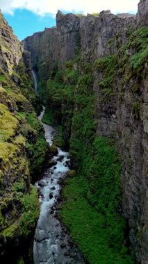 Bereketli bitki örtüsü ve yüksek uçurumlarla bezenmiş dramatik İzlanda arazisini keşfedin. Sarmal bir nehir zarif bir şekilde İzlanda 'daki bu çarpıcı kanyon olan Glymur şelalesinden akar.
