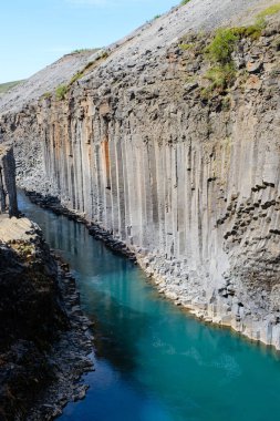 İzlanda, Studlagil Kanyonu 'ndaki canlı turkuaz nehrin kıyısından görkemli bazalt sütunlar çarpıcı bir şekilde yükseliyor. Ziyaretçiler güneşli bir günde bu nefes kesici doğa harikasına hayret eder..