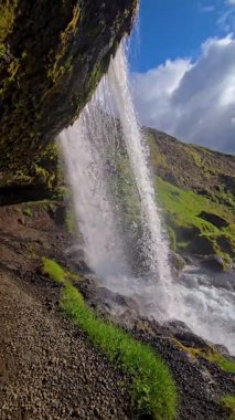 İzlanda 'daki büyüleyici Selvallafoss Şelalesi' ni deneyin, yemyeşil tepelere karşı coşkulu bir enerji ile şelalesi..