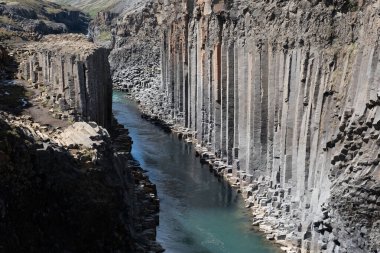 İzlanda 'daki Studlagil Kanyonu' ndaki nehrin berrak suları boyunca yükselen bazalt sütunlar dramatik bir şekilde yükseliyor.