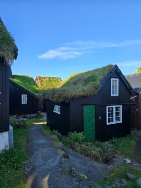 Faroe Adaları 'ndaki pitoresk köyü keşfedin. Yeşilliklerin ortasındaki otla kaplı geleneksel evleri sergileyin..