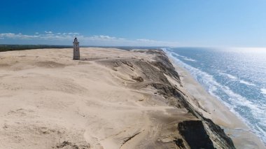 Büyük kumullarla çevrili görkemli bir deniz fenerinin yer aldığı Danimarka 'nın nefes kesici manzarasını keşfedin. Parlak mavi gökyüzü bu sahil taşı için sakin bir zemin oluşturur..