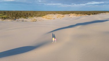 İki arkadaş, Danimarka 'daki geniş altın kum tepelerinde dolaşarak sıcak güneşin ve temiz havanın tadını çıkarıyorlar. Geniş arazi, Danimarka 'nın Rabjerg Mile Dunes şehrinin mükemmel bir zeminidir..