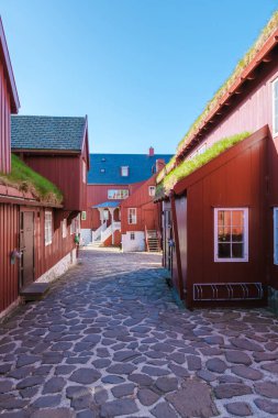 Torshavn 'un büyüleyici kaldırım taşı sokaklarını keşfedin. Geleneksel çim çatılı evler Faroe Adaları' nın eşsiz mimarisini sergiliyor..
