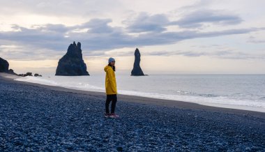 Canlı sarı ceketli bir gezgin Reynisfjara Sahili 'nin siyah çakıl taşlı sahillerinde duruyor. Dalgalar İzlanda' da kasvetli bir gökyüzünün altında yavaşça kıyıya vururken ikonik bazalt deniz yığınlarına bakıyor.