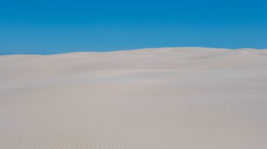 Beyaz kum tepeleri parlak mavi gökyüzünün altındaki ufka doğru uzanıyor. Huzurlu manzara keşfi davet ediyor ve doğaya barışçıl bir geri çekilme sunuyor. Rabjerg Mile kumulları, Danimarka