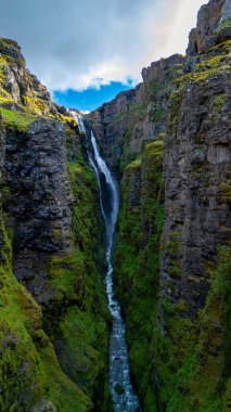 Glymur şelalesi sarp kayalıklardan aşağı yuvarlanıyor, İzlanda 'nın nefes kesen kanyonunda yemyeşil ile çevrili.. 