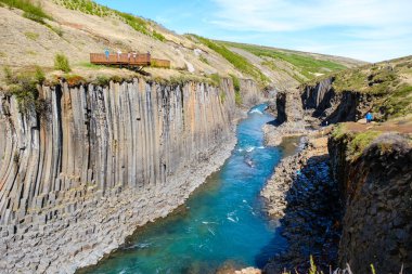 İzlanda 'daki Studlagil Kanyonu' nun nefes kesici manzarasını keşfedin. Vadiden geçen parlak bazalt sütunlar ve canlı mavi bir nehir..