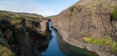 İzlanda 'daki Studlagil Kanyonu' nun nefes kesici güzelliğini keşfediyorum. Burada yükselen bazalt sütunlar kristal berrak nehir sularını çerçeveliyor..