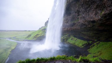 Seljalandsfoss şelalesinin İzlanda 'daki yüksek kayalıklardan aşağı akışına tanık olun..