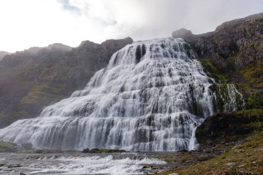 Dynjandi şelalesi İzlanda 'nın verimli yeşil ve dramatik dağlarıyla çevrili kayalık kayalıklardan zarifçe aşağı akar. Sis, suyun yuvarlanmasıyla, sakin bir atmosfer yaratıyor.