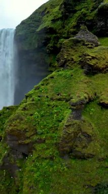 Skogafoss şelalesinin nefes kesen güzelliğini deneyimleyin. İzlanda 'daki yemyeşil yemyeşil kayalıklardan zarifçe düşüyor.