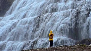 Dynjandi şelalesinin İzlanda 'nın nefes kesici manzarasıyla çevrili kayalık uçurumlardan aşağı aktığı büyüleyici bir doğa gösterisi. Sarı yağmurluk giyen biri güçlü akıntıya karşı dehşete kapılır..