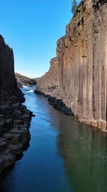 İzlanda 'daki Studlagil Kanyonu' nun nefes kesen manzarasına hayret ediyorum. Huzurlu bir nehrin her iki yakasında da görkemli bir şekilde yükselen bazalt sütunlara ev sahipliği yapıyor..