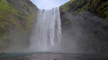 İzlanda 'daki nefes kesen Skogafoss şelalesini keşfedin. İzlanda' da suların dramatik uçurumların üzerine düştüğü, yemyeşil yemyeşil bir yer. Her zaman görülmesi gereken bir doğa harikası.