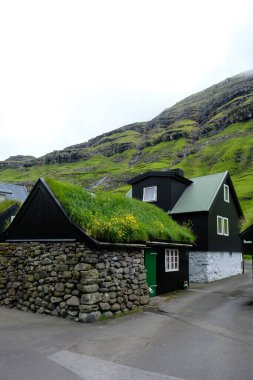 Çimen çatılarla süslenmiş büyüleyici siyah evler Faroe Adaları 'nın pitoresk bir köyünde canlı yeşillikler ve büyüleyici uçurumlarla çevrilidir. Tjornuvik Köyü
