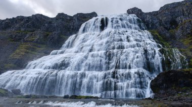 Görkemli şelale, yemyeşil ve kayalık arazilerle çevrili İzlanda 'daki sarp kayalıklardan aşağı doğru dramatik bir şekilde akıyor. Dynjandi Şelalesi Batı İzlanda