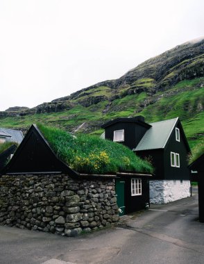Geleneksel çim çatılı evler Faroe Adaları 'nın yemyeşil tepeleriyle uyumlu olarak harmanlanır. Serin mimari adaların zengin kültür mirası Tjornuvik köyünü yansıtır.