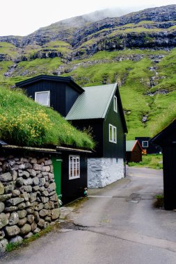 Huzurlu bir vadiye kurulmuş, çimenli çatıları olan geleneksel siyah evler yemyeşil ve Faroe Adaları 'nın engebeli uçurumlarıyla uyumlu bir şekilde harmanlanmış. Tjornuvik Köyü