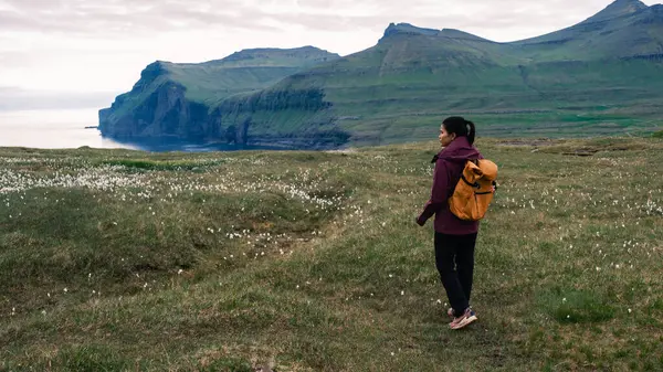Bir gezgin, büyüleyici Faroe Adaları 'ndaki narin çiçeklerle süslenmiş yemyeşil çayırlarda dolaşır. Eidiskollur Eidi Dağı