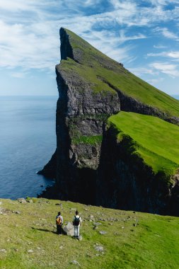 Soluk kesici Faroe Adaları 'ndaki Atlantik Okyanusu' na bakan yemyeşil Mylingur kayalıklarında iki birey duruyor..