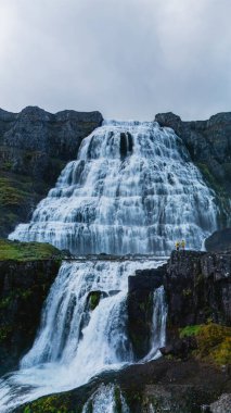 İzlanda 'da yemyeşil yemyeşil yemyeşil bir arazide güçlü bir şekilde akan görkemli şelale. Dynjandi Şelalesi, Westfjord, İzlanda