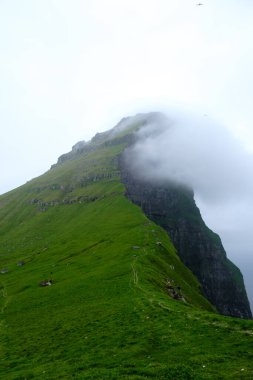 Faroe Adaları 'ndaki sislerin arasında çarpıcı yeşil bir dağ yükseliyor. Çimlerle kaplı yamaçlar ve bulut örtüsü büyüleyici bir atmosfer yaratıyor, Kallur Deniz Feneri, Kalsoy Adası