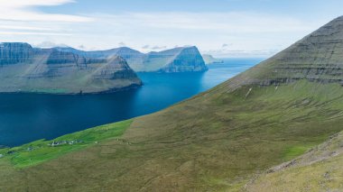 Faroe Adaları 'ndaki canlı mavi okyanusun üzerinde geniş uçurumlar yükselir ve bu uzak takımadanın saf güzelliğini gözler önüne serer..