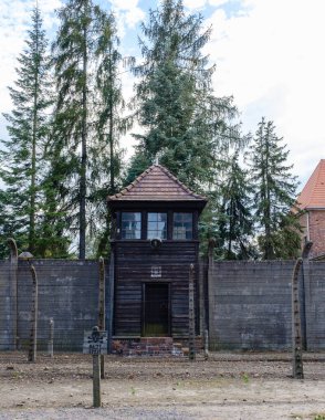 Polonya 'nın Auschwitz kentindeki gözetleme kulesinin manzarası, yüksek çitler ve yemyeşil ağaçlarla çevrili..