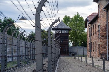 Auschwitz Birkenau 'da yürümek tarihin unutulmaz bir anımsatıcısını gözler önüne seriyor. Dikenli teller ve gözetleme kulesi ciddi bir şekilde gökyüzüne karşı duruyor. İnsan dayanıklılığını derin bir şekilde yansıtıyor..